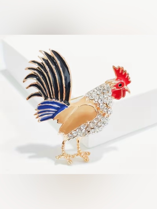 Jewelry - Rhinestone Rooster Brooch with Enamel Accents
